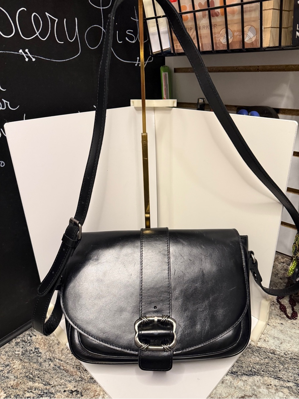 Patricia Nash Classic Black Leather Crossbody Saddle Bag with Decorative Buckle